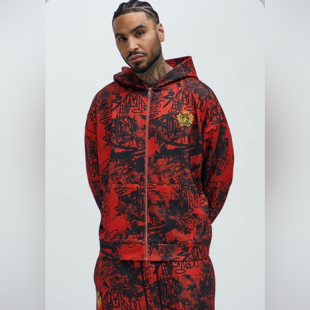 Vandal Oversized Graffiti Zip Up Red and Black Hoodie